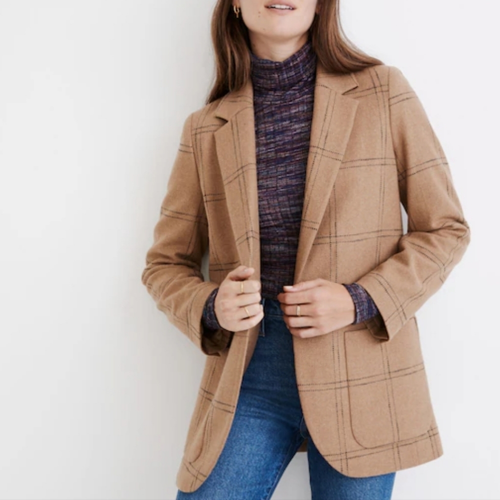 Madewell Camel Plaid Wool Blend Blazer